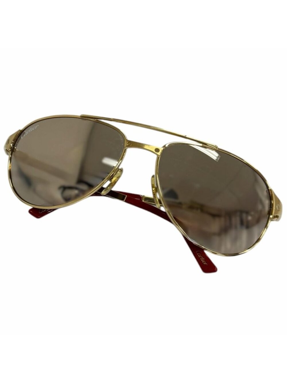 Cartier Santos Dumont Mirror Lens Two Bridge Sunglasses Gold Bordeaux Eyewear